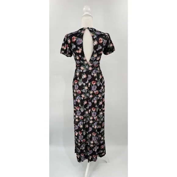 ASOS Maxi Dress Floral Black Velvet Short Sleeve  Keyhole Back Grunge Gown Sz 2 - Picture 4 of 10